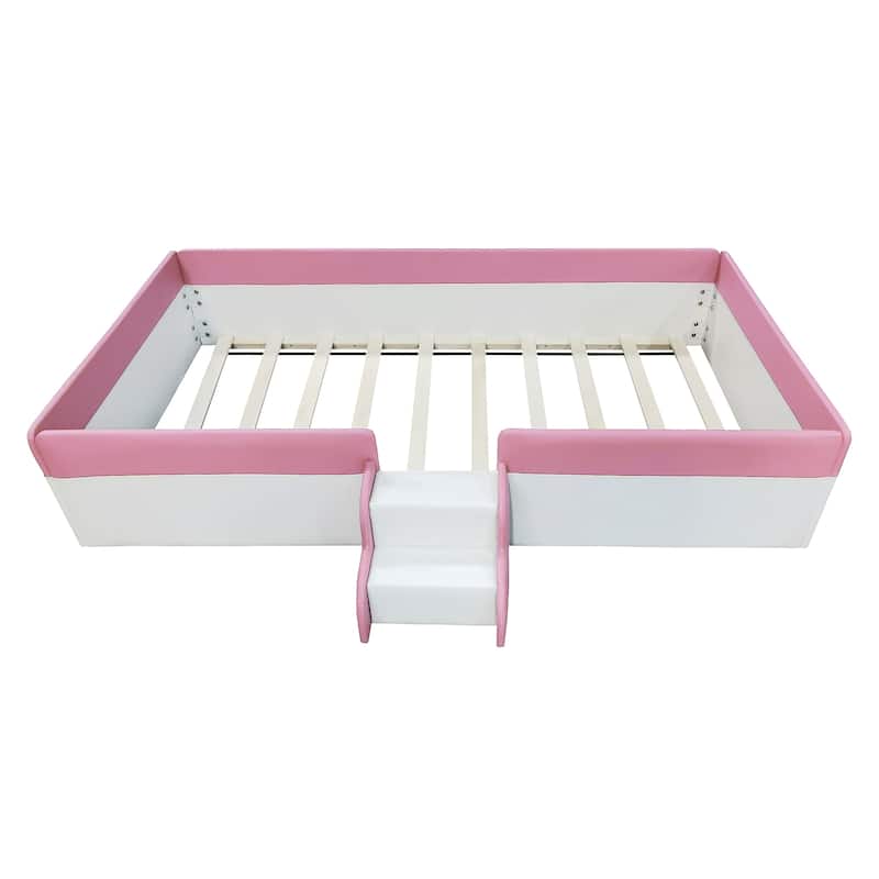 Upholstered Daybed Frame Two-color Grounded Toddler Floor Bed Low Profile Sofa Bed with Fence and Stairs Wood Slat Support Bed