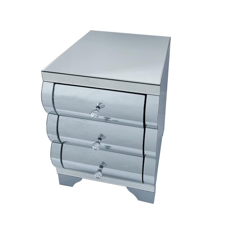 Baked curved mirror Nightstand with 3 Drawer Glass Bedside Table Chest of Drawers for Bedroom Small Spaces End Table