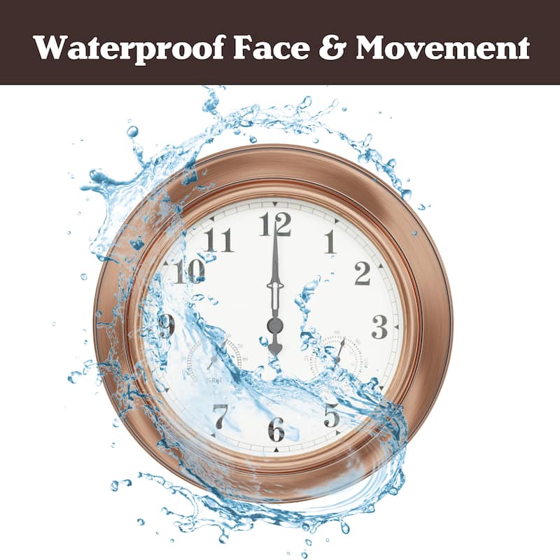Indoor Outdoor Clock Thermometer Combo - 18-Inch Waterproof Outdoor Wall Clock with Temperature and Humidity by Nature Spring - Copper
