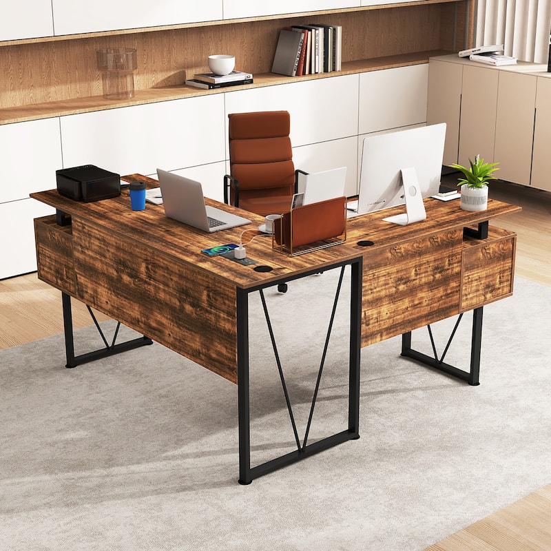 Gymax 59'' L-shaped Computer Desk w/ Charging Station Corner Desk