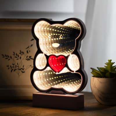 LED Lighted 3D Teddy Bear with Heart Infinity Mirror - 8"