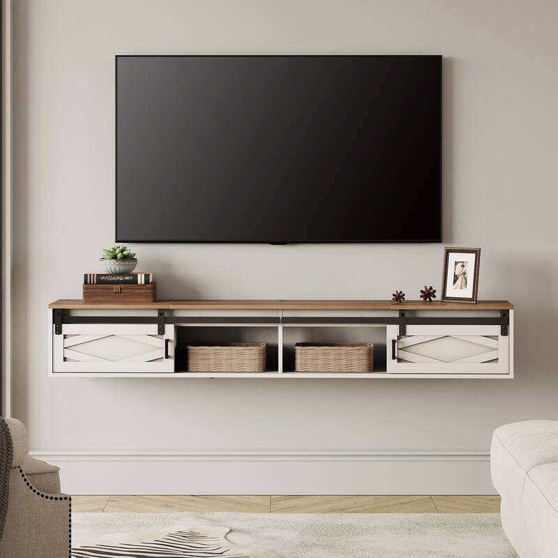 Sliding Barn Door Floating TV Stand with Charging Station