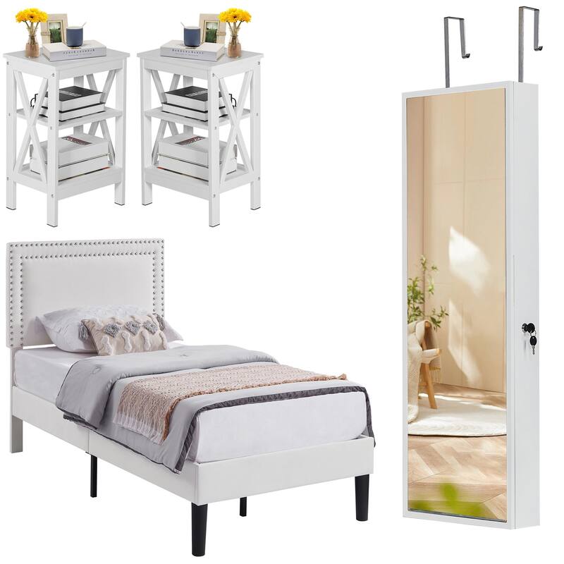 Javlergo 4 Piece White Bedroom Set Upholstered Bed with Adjustable Headboard 2 X Frame Nightstands Lockable LED Jewelry Cabinet - Twin