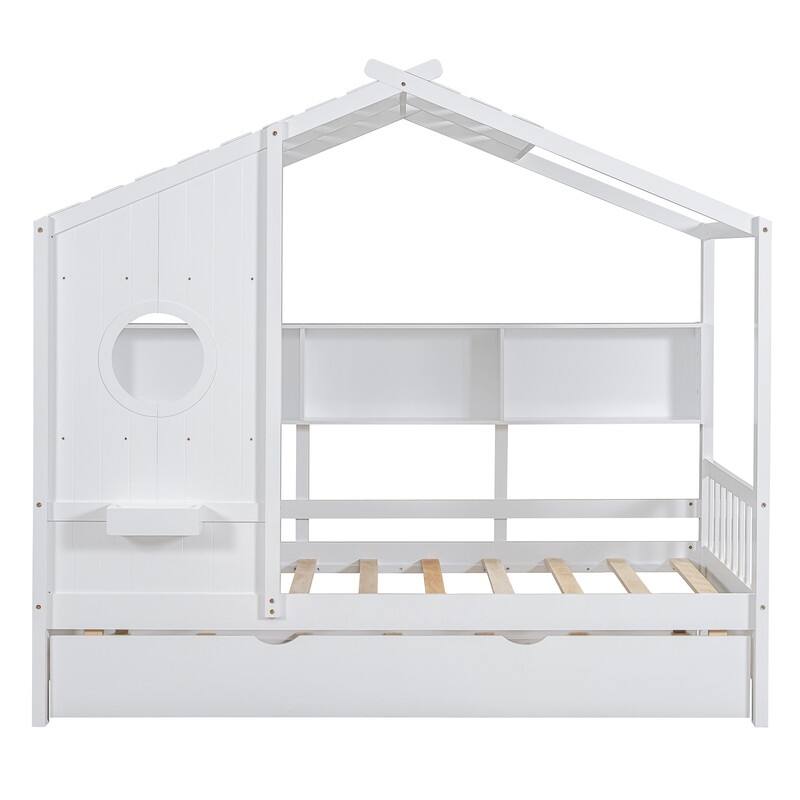 Twin Size Wooden House Bed With Trundle and Storage Shelf