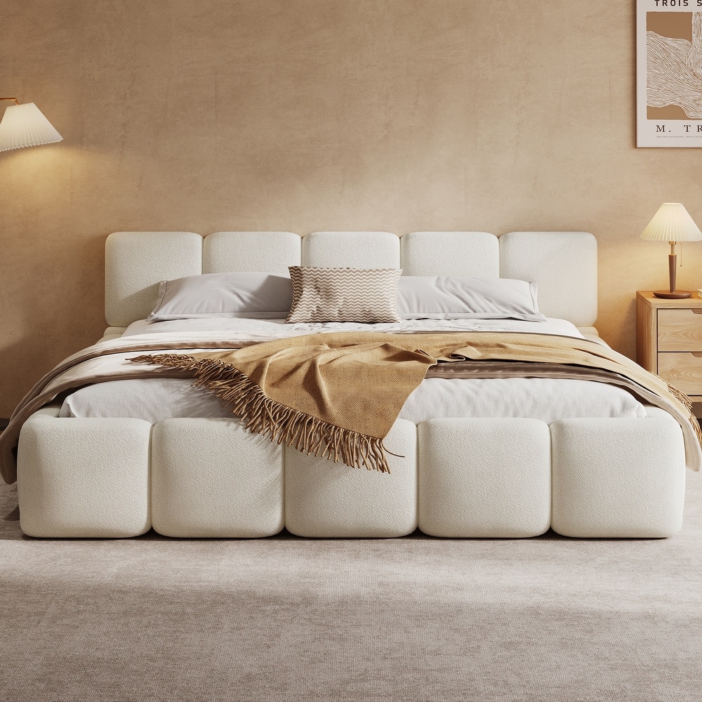 Christopher Knight Home Evelyn Platform Bed with Boucle Upholstery and Thick Block-Style Headboard