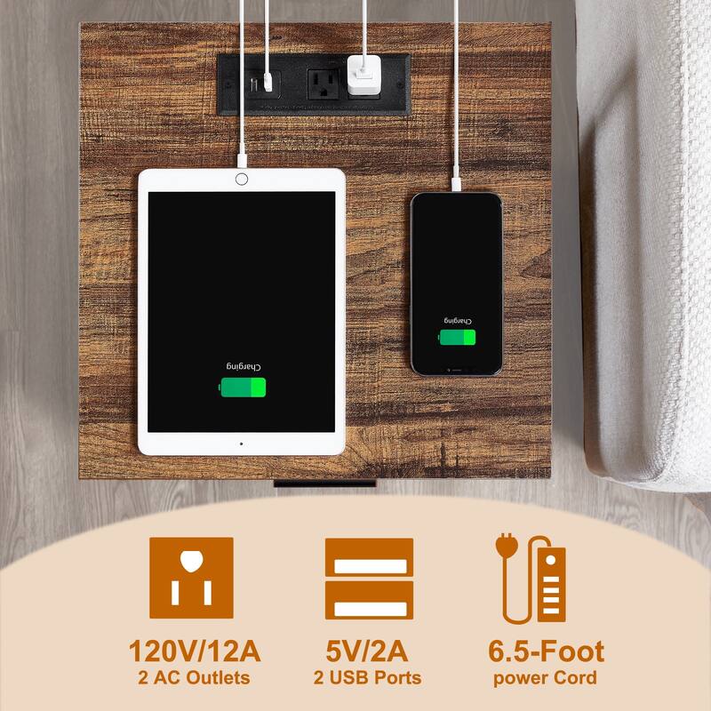 Bedroom Set of 3 Wood Headboard Platform Bed Frame Set of 2 Nightstands with Charging Station USB Port