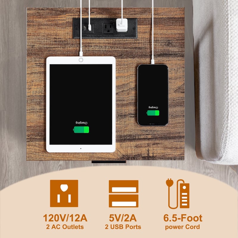 VECELO Mid Century Modern Nightstand with Charging Station USB Port