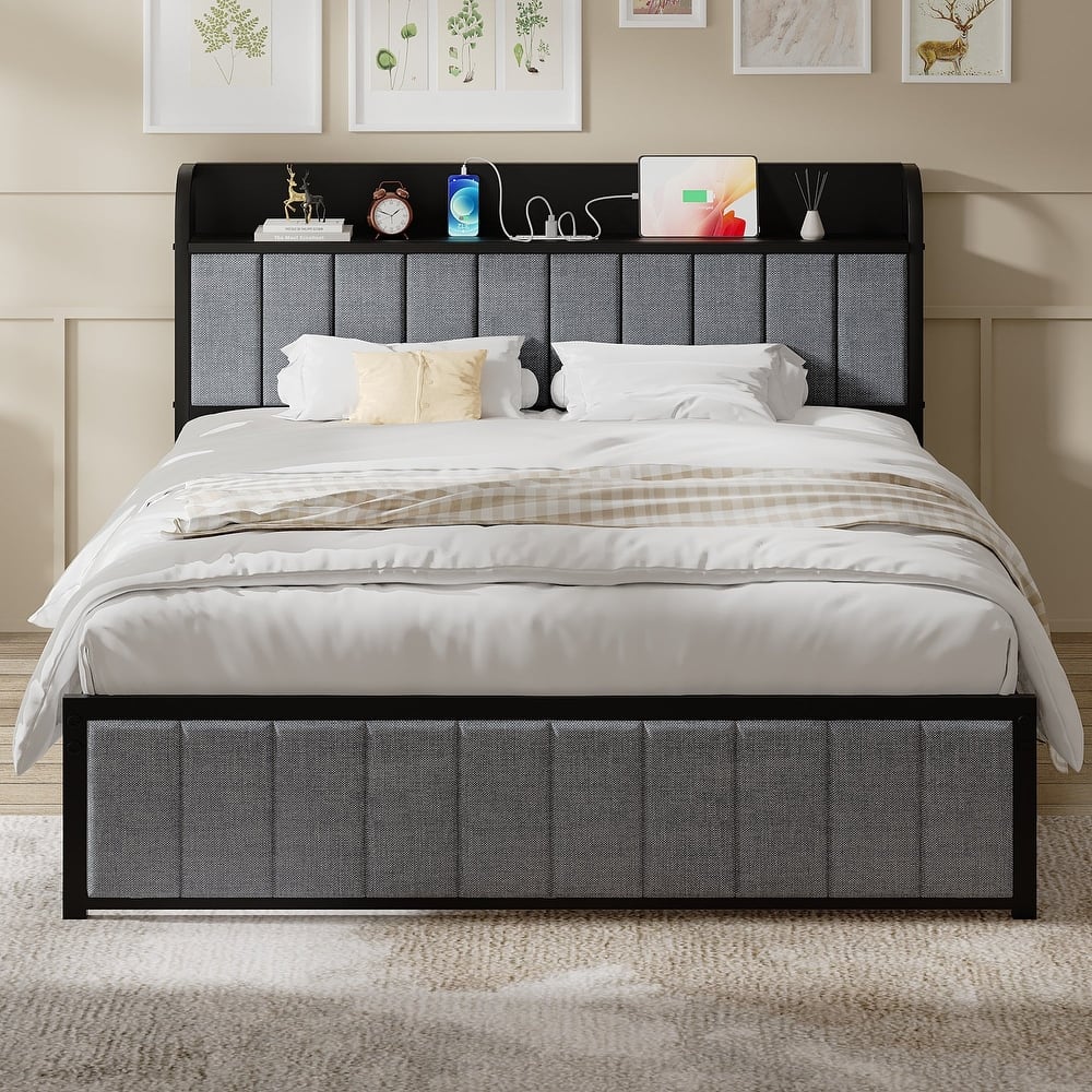 VECELO Upholstered Platform Bed Frame with Storage Headboard and USB AC Ports Charging Station Sturdy Quiet Bed for Bedroom