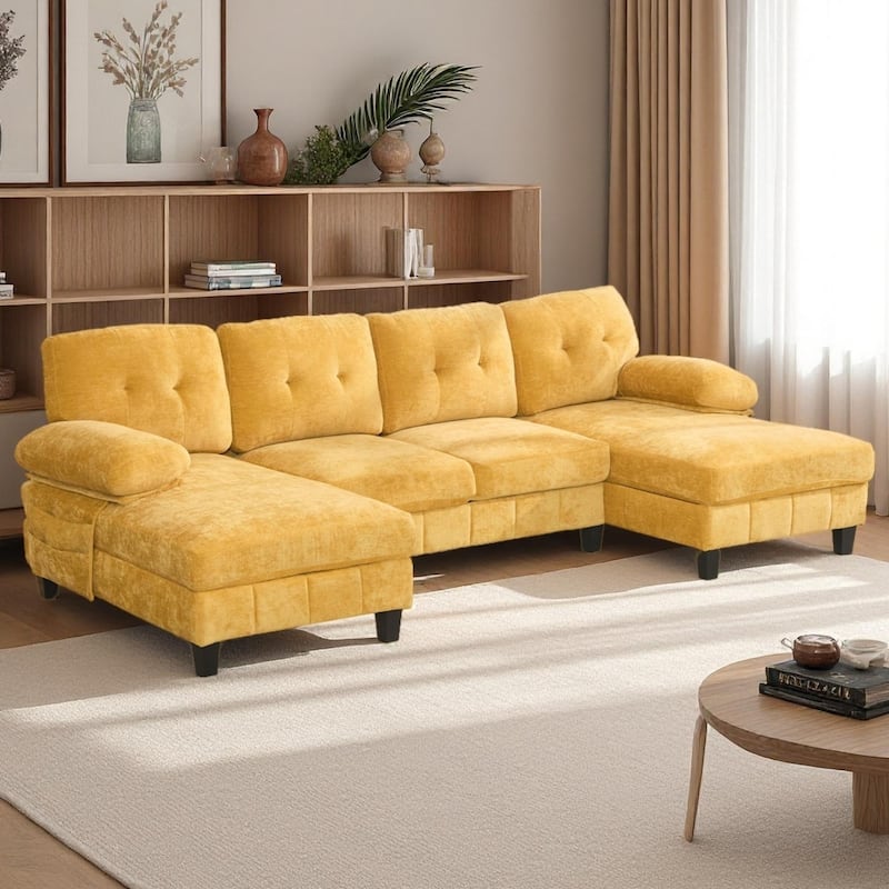 U-Shaped Chenille Sectional Sofa with Dual Chaises, Storage Pockets & Tufted Back by Harper&Bright Designs - Yellow