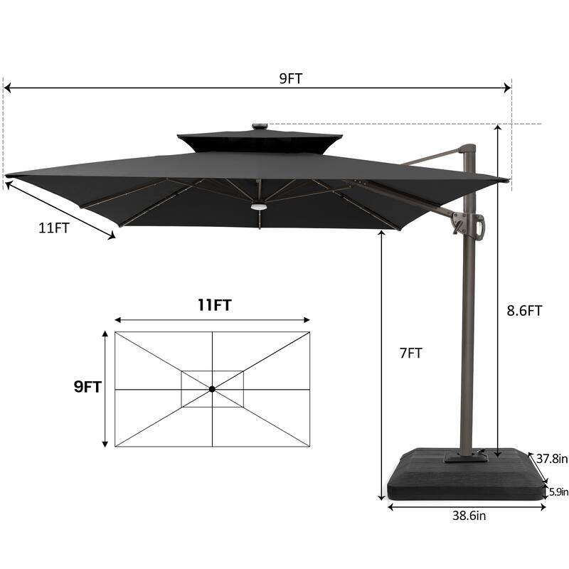 9 X 11 FT Outdoor Patio Cantilever Umbrella with Solar Lights 4-Piece Premium Base Double Canopy 360 Rotation Tilt