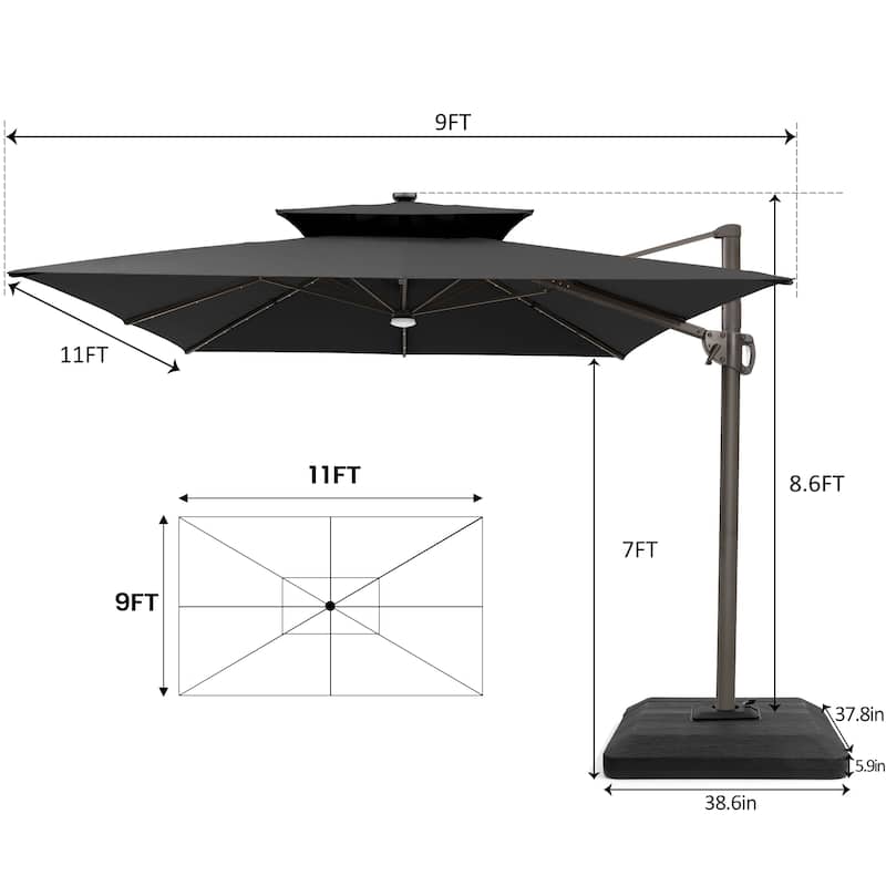 Pellebant 9x11FT Outdoor Dual Top Cantilever Patio Umbrella LED Light with Premium Base Stand