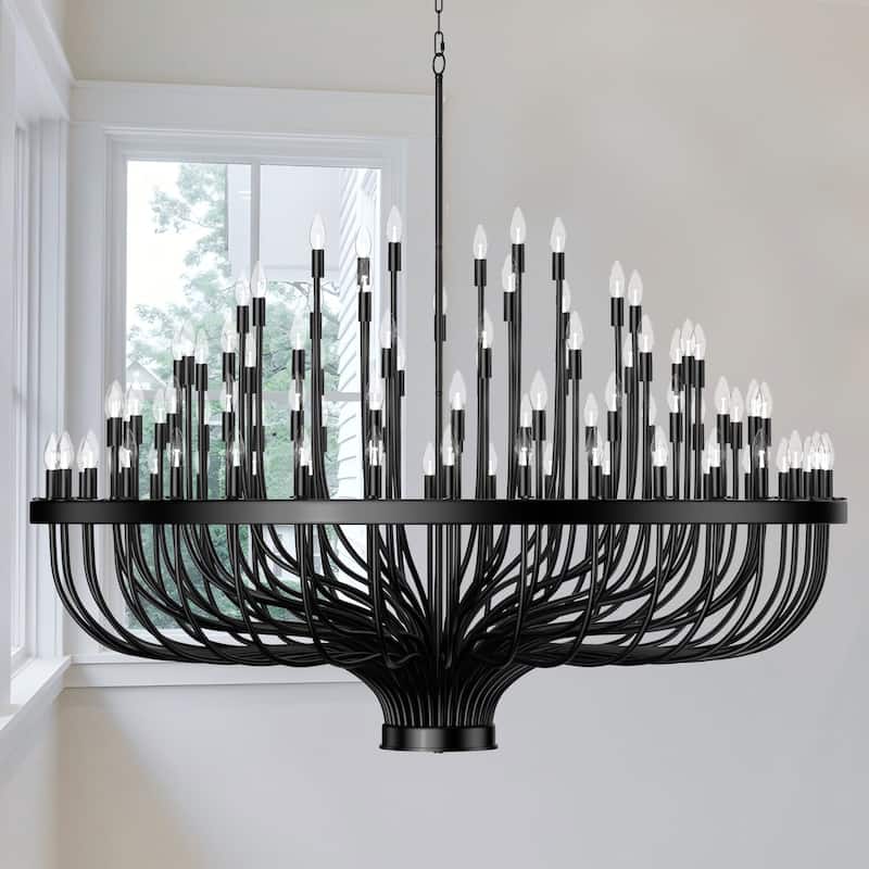 Classic Wagon Wheel Chandelier - Adjustable Rustic Ceiling Light with Matte Black Finish - 96 Lights -70.8inches