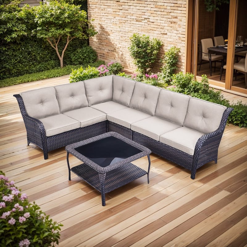 Outdoor Sectional Sofa Furniture Set - Brown Rattan - Beige Cushion - Sectional Sofa with Coffee Table