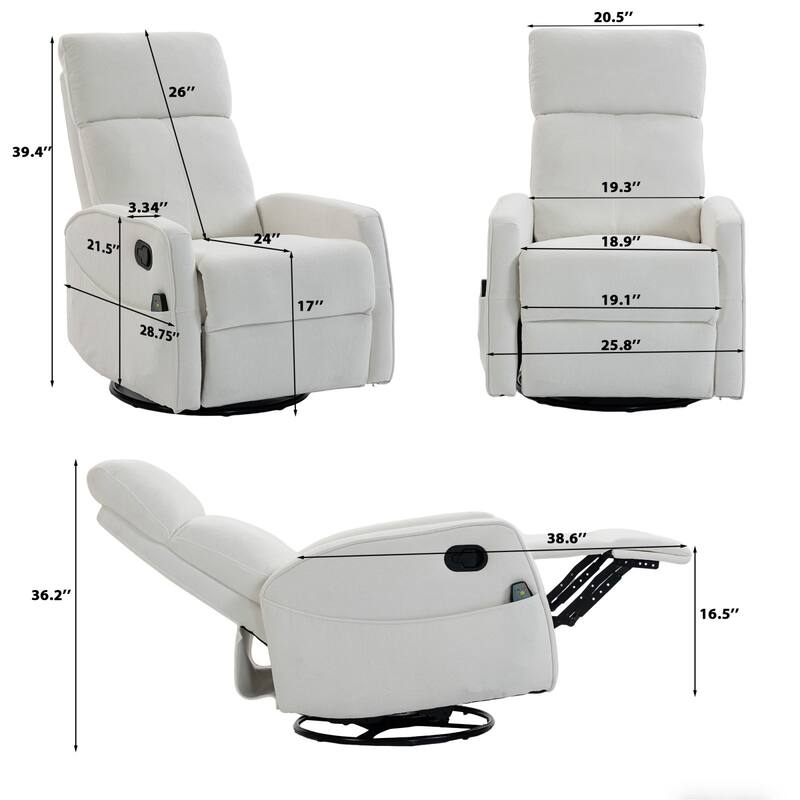 270° Swivel Glider Recliner with Heated Massage, 300LBS Velvet Recliner with Locking Handle & Deep Side Storage