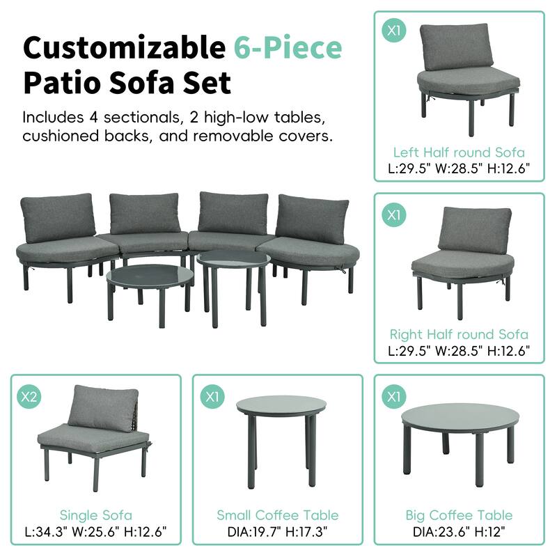 6-Piece Patio Half Moon Sofa Set with 2 High-Low Coffee Tables, 4 Pillows & Cushions