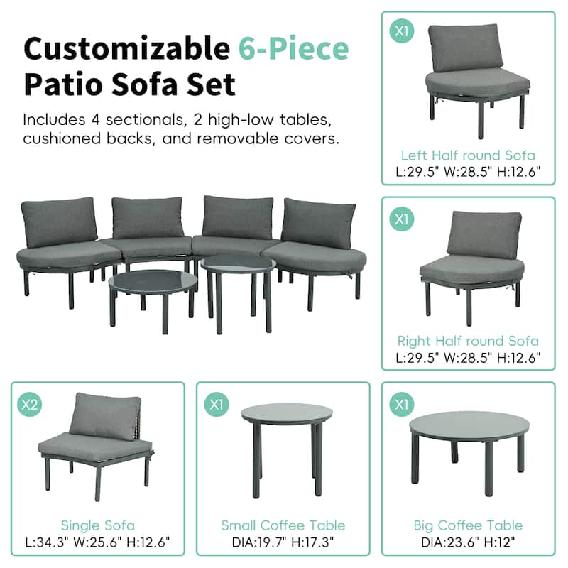 Stylish 6-Piece Half Moon Patio Sofa Set with High-Low Coffee Tables
