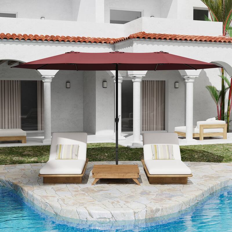 15ft x 9ft Double Patio Umbrella with Base and Sandbags, Extra Large Twin Outdoor Market Umbrella with Auto Tilt, 180g Polyester