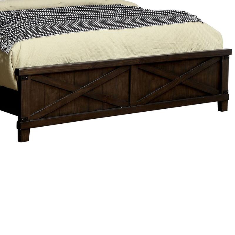 California King Bed with Plank Style X Shaped Details, Dark Brown