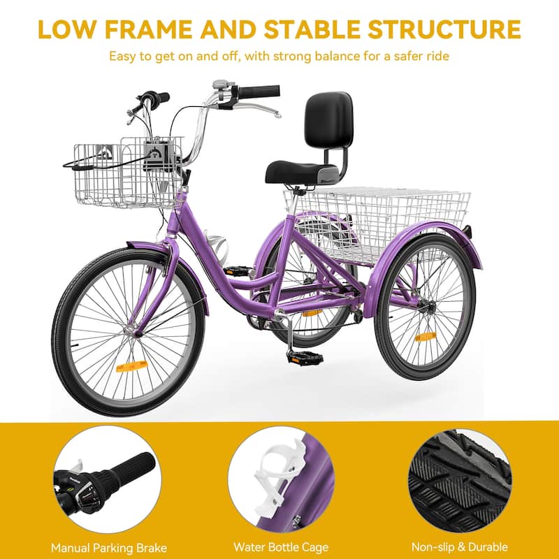 24"/26" Purple Adult Tricycle 7 Speed Trike Bike with Shimano Shifting with Removable Baskets