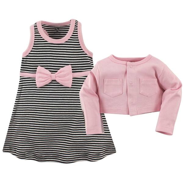 slide 1 of 1, Hudson Baby Infant and Baby Girl Cotton Dress and Cardigan 2pc Set, Light Pink Black 0-3 Months - Light Pink Black