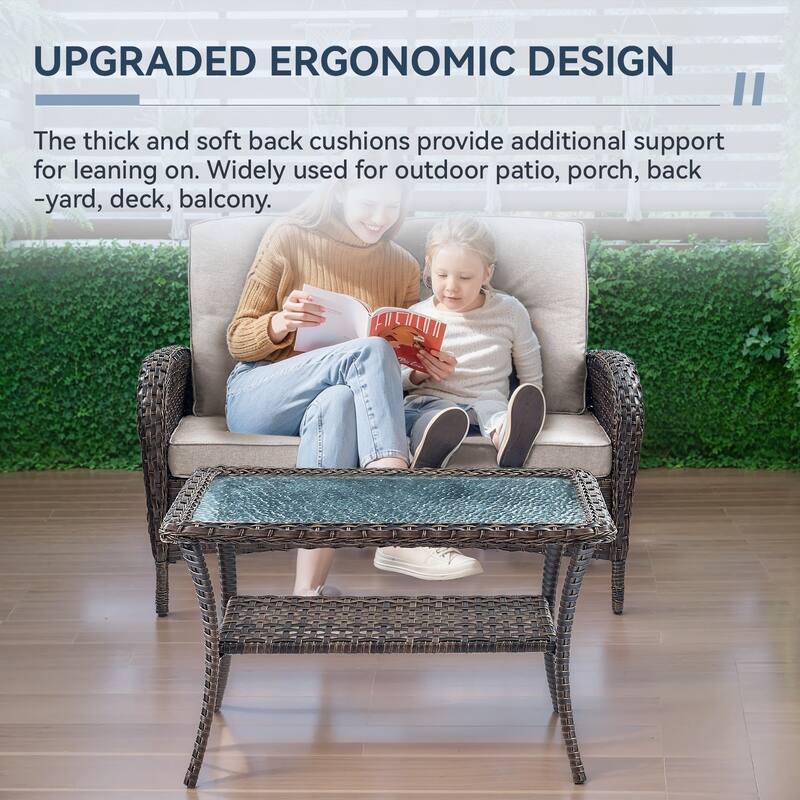 Gymojoy Outdoor Wicker Loveseat with Coffee Table and Outdoor Cushions