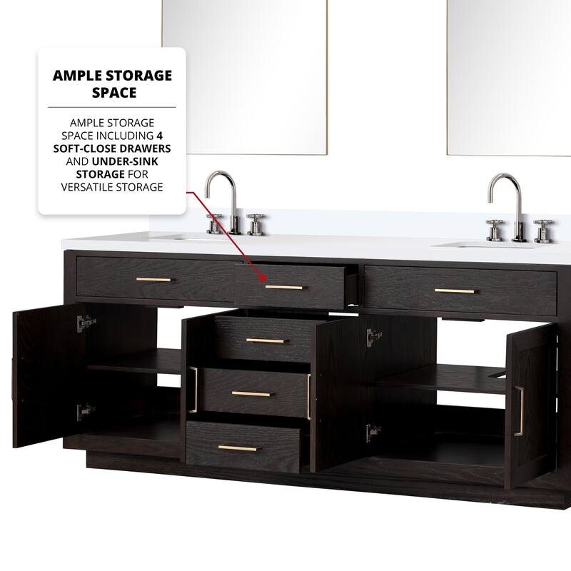 Abbey 60 in W x 22 in D Black Oak Double Bath Vanity, Cultured Marble Top, Faucet Set, and 28 in Mirrors