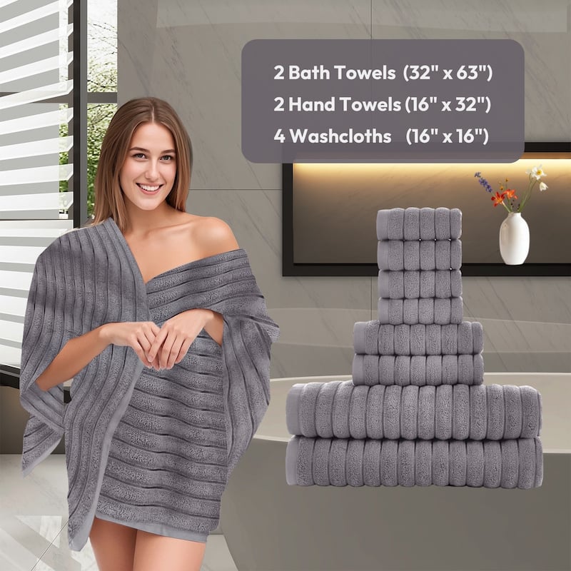 8 Piece Oversized Bath Towel Set, 100% Cotton Bath Towels, Highly Absorbant Bordered Towels
