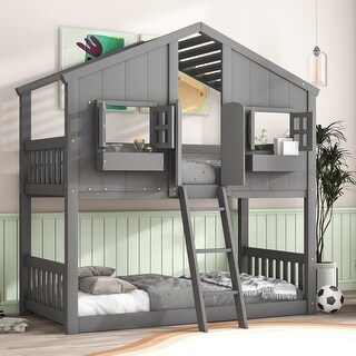 Grey Twin over Twin Size Wood House Bunk Bed with Roof , Window, Window Box, Door, Safety Guardrails and Ladder
