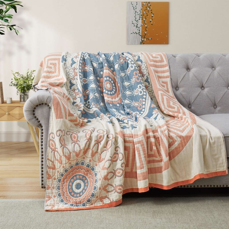 100% Cotton Boho Floral Thermal Breathable Jacquard Throw Blankets - Boho