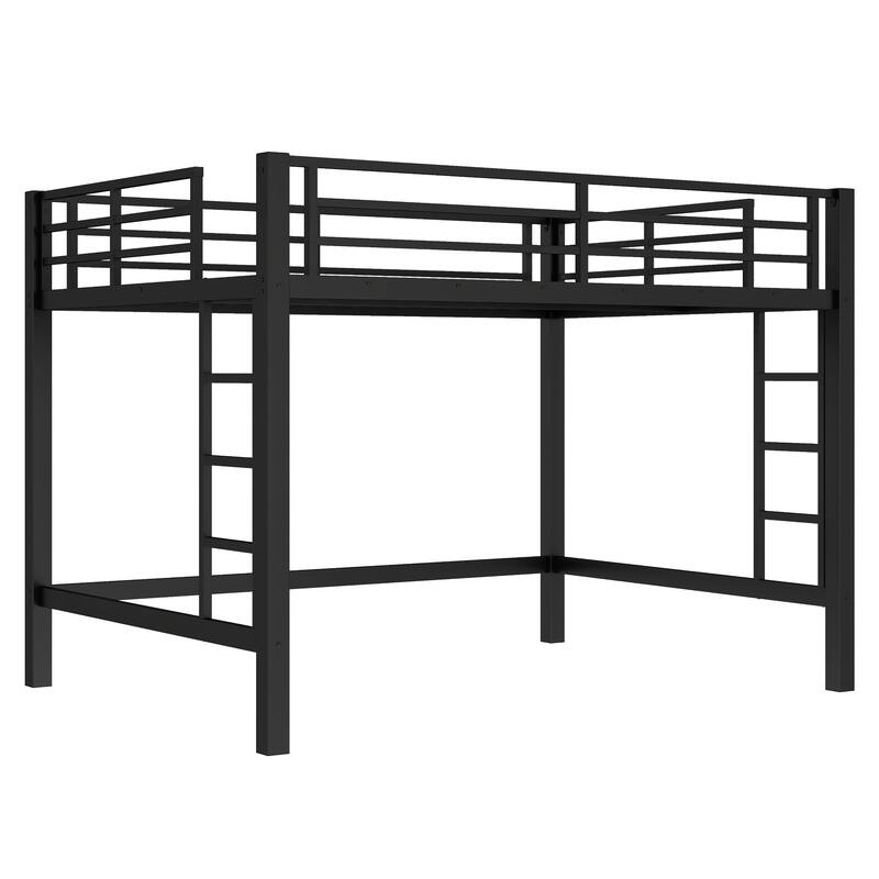 Queen Size Metal Loft Bed, Loft Bed with Easy Climbing Ladder and Guardrails , Black
