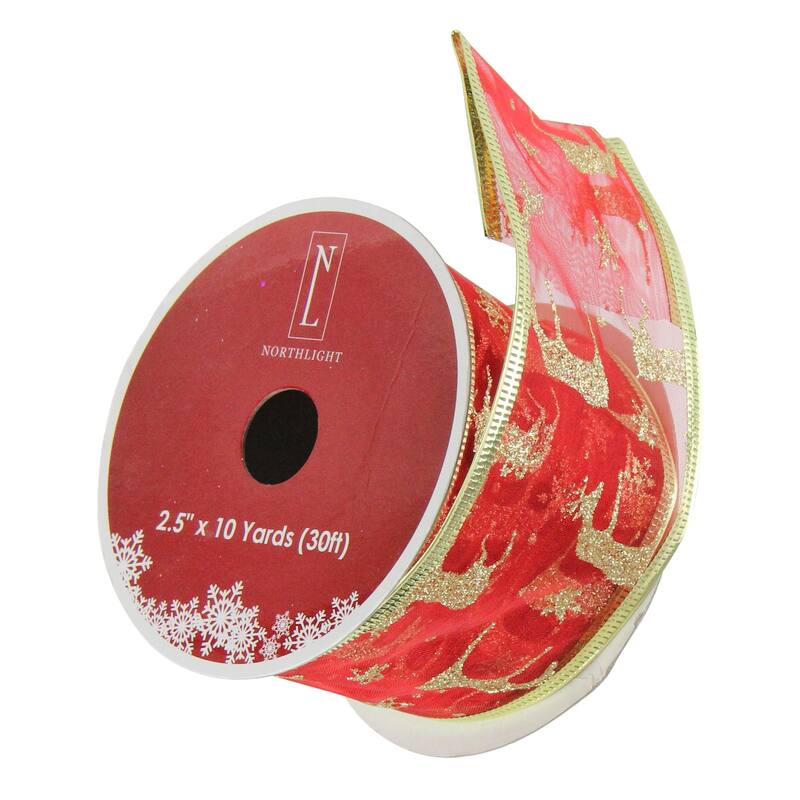 Red and Gold Glittering Reindeer Wired Christmas Craft Ribbon 2.5" x 10 Yards - 2.5" x 10 Yards