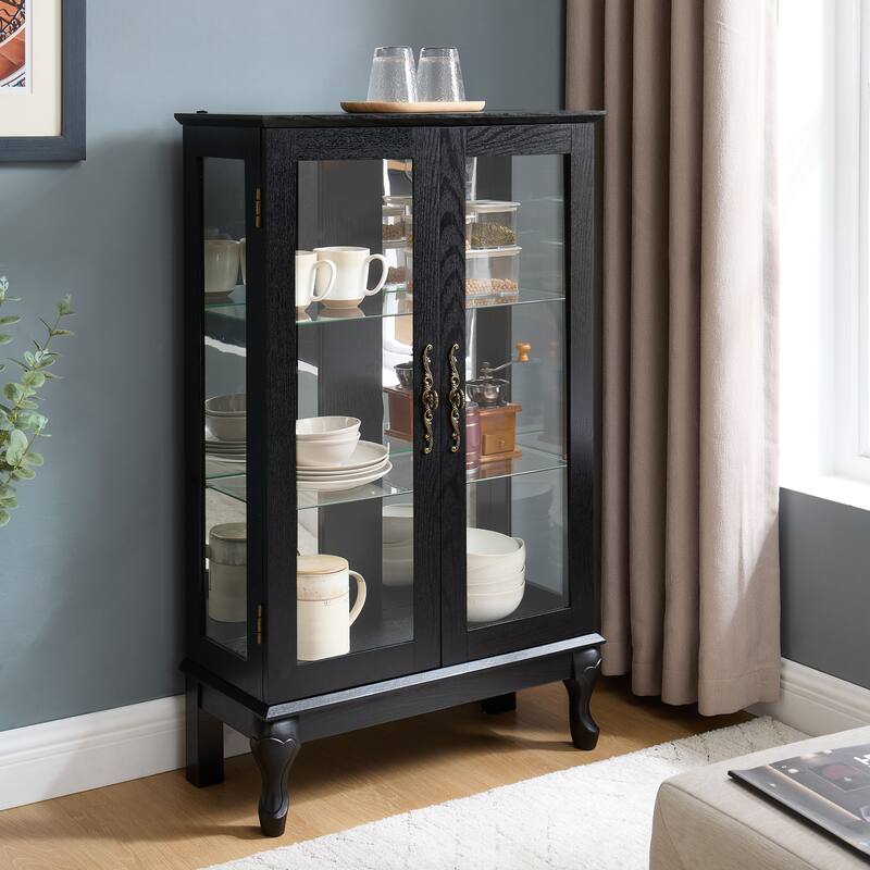 Curio Cabinet with Tempered Glass Doors, Lighted Display Cabinet with Mirrored Back Panel & Adjustable Shelves