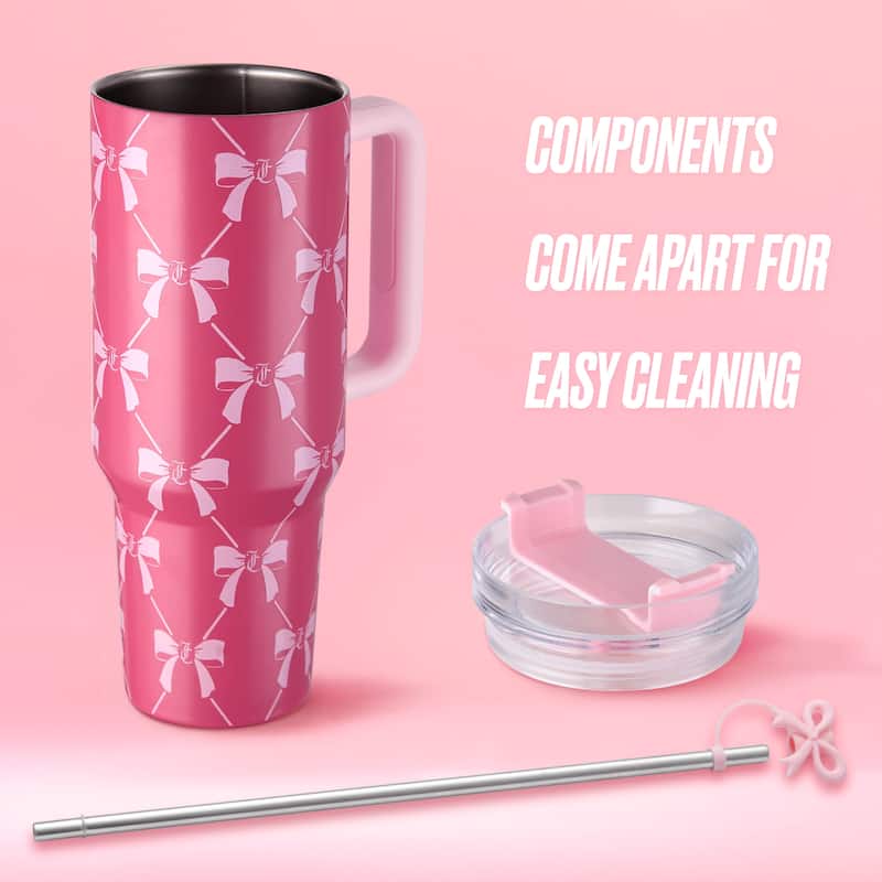 Juicy Couture Jetsetter Hydration Stainless Steel Tumbler with Handle and Straw With Topper