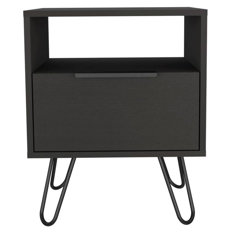 Modern Black Nightstand with Hairpin Legs, Drawer & Open Shelf - Compact Storage Solution for Bedroom or Living Room