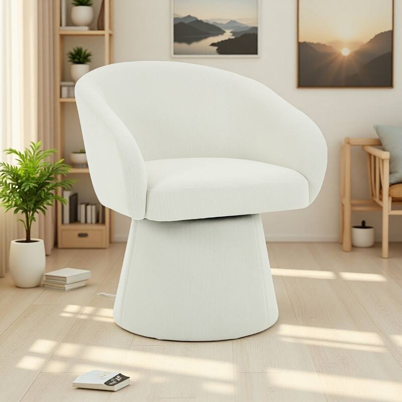 Corduroy 360° Swivel Barrel Chair with Ergonomic Support - Beige