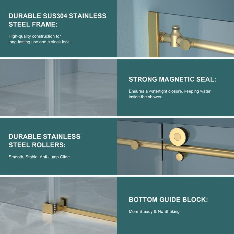 48"W x 76"H Gold Stainless Steel Single-Slide Shower Door with 8mm Tempered Glass – Reversible Left or Right Installation