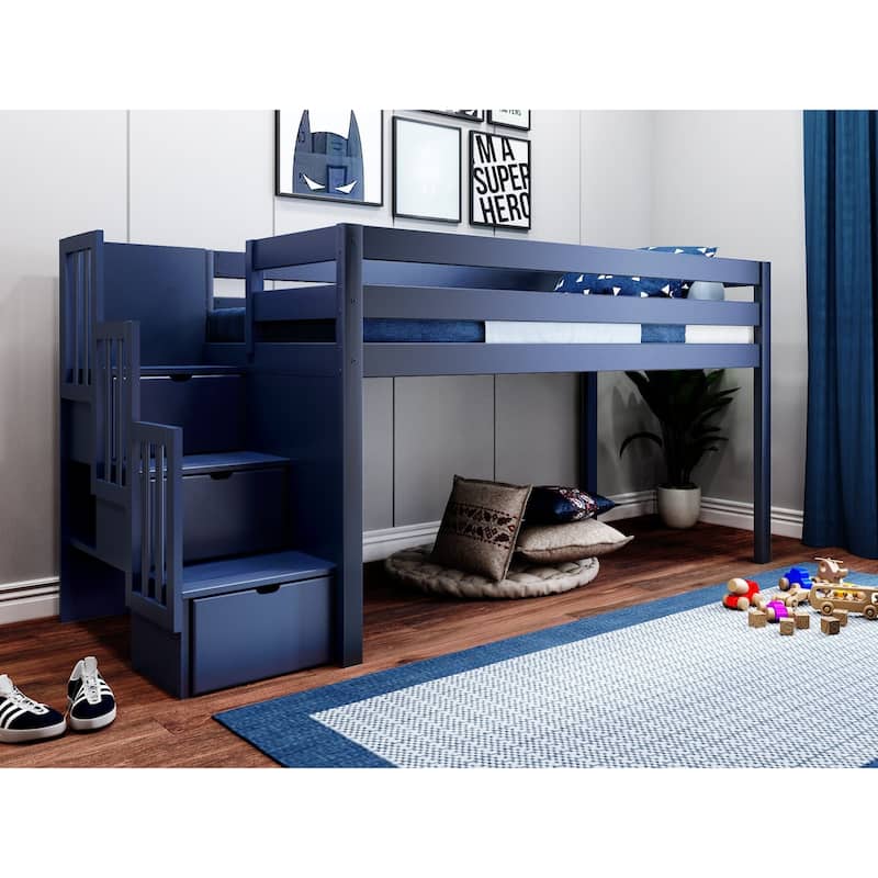 JACKPOT Contemporary Low Loft Twin Bed with 3 Step Stairway
