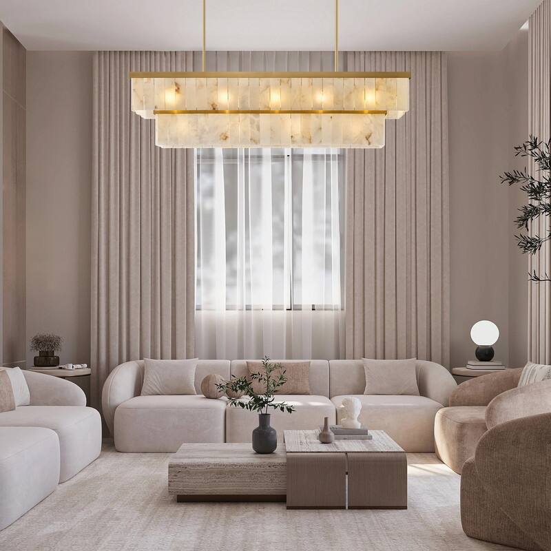 Elegant layered alabaster chandelier with natural stone panels