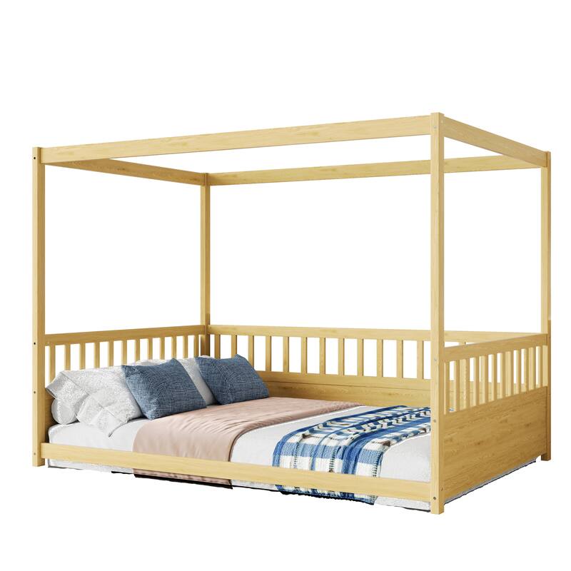 Full Size Canopy Floor Bed with 21.45" Safety Guardrails and 3-Sided Access, Curtain Ready