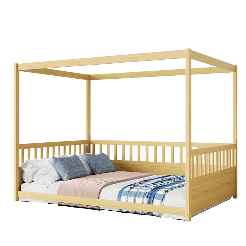 Solid Wood Floor Bed Canopy Bed with 21.45-inch Guardrail, Floor Height Montessori Bed with Three-sided Fence for Kids/ Toddler