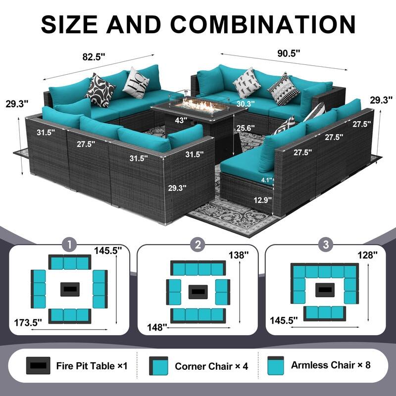 FINCATI Outdoor Grey Wicker Sectional Furniture Patio Sofa Set with Firepit Table