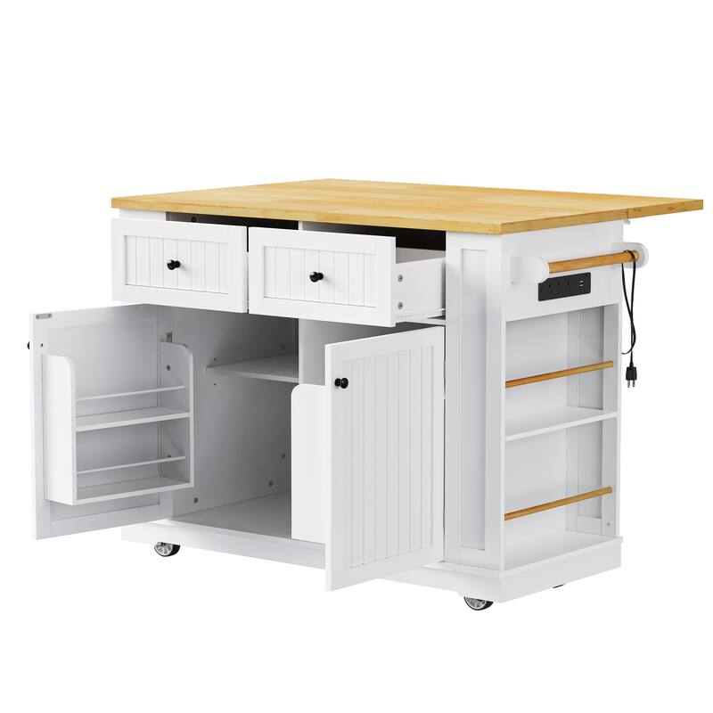 Modern Large Kitchen Island with 2 Bar Stools, Power Socket, Storage Shelf, 5 Open Side Shelves and 2 Drawers, for Kitchen