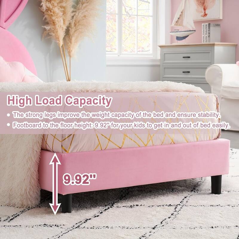 Javlergo Twin Size Kids Bed Frame with Cute Ears Velvet Headboar No Box Spring Required Bed Children's Bed