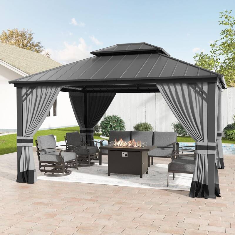 Outdoor Hardtop Gazebo Galvanized Steel Roof & Aluminum Frame, Patio Canopy Pergola w/ Mosquito Net & Curtain