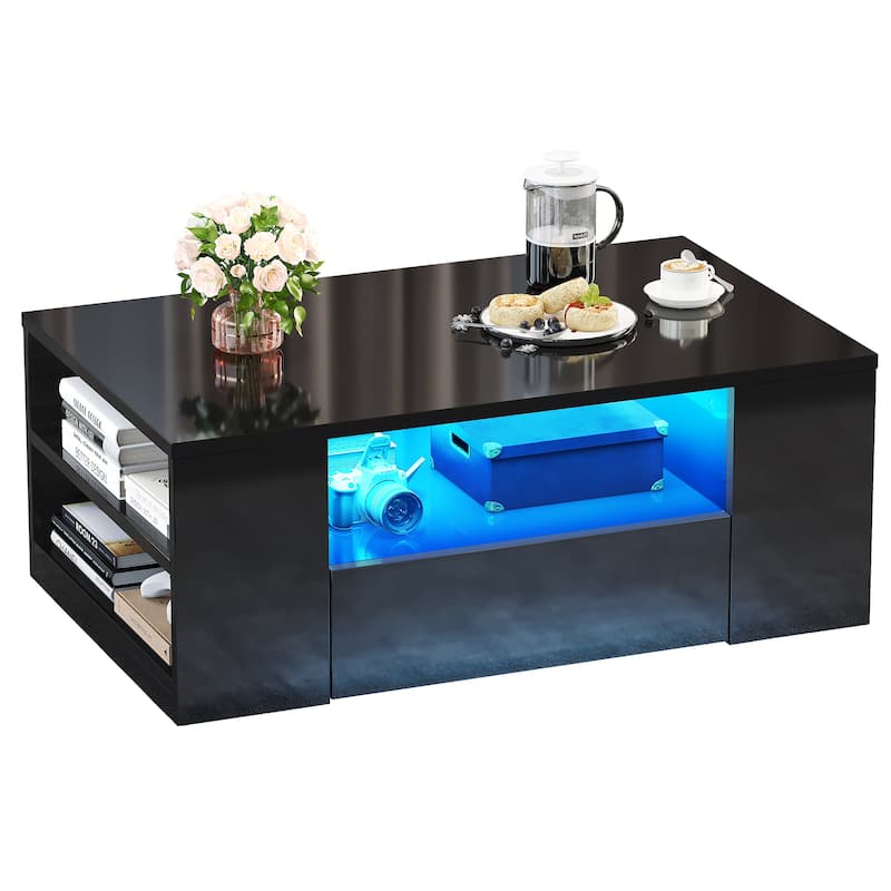 Moasis Modern High Gloss LED Coffee Table with Drawers and Shelves - Black