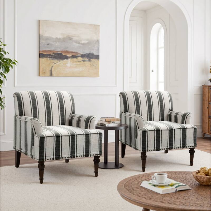 Set 2 Striped Upholstered Linen Armchair with Brass Nailhead Trim - BLACK STRIPED