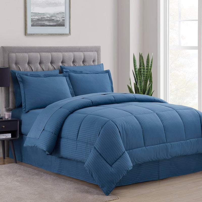 Soft Dobby 8-piece Striped Down Alternative Bed-in-a-Bag Set w/ Sheets - Denim - King