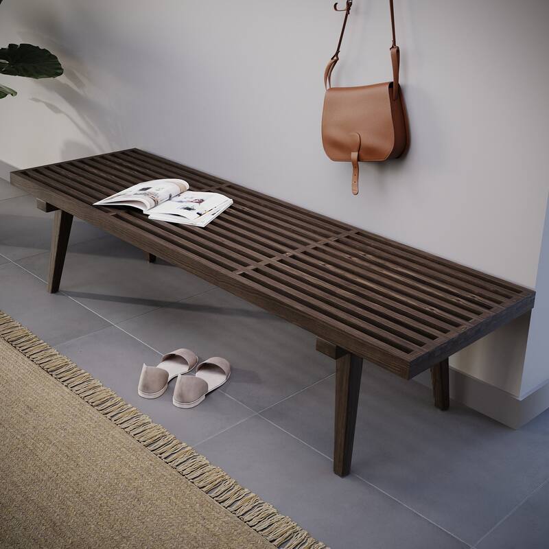 60" Solid Wood Platform Bench Rubberwood Rectangular Entryway Vanity Bench with Slatted Design for Home Office Living Room