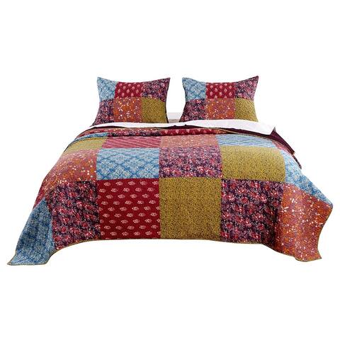 3 Piece Cotton King Size Quilt Set with Patchwork, Multicolor
