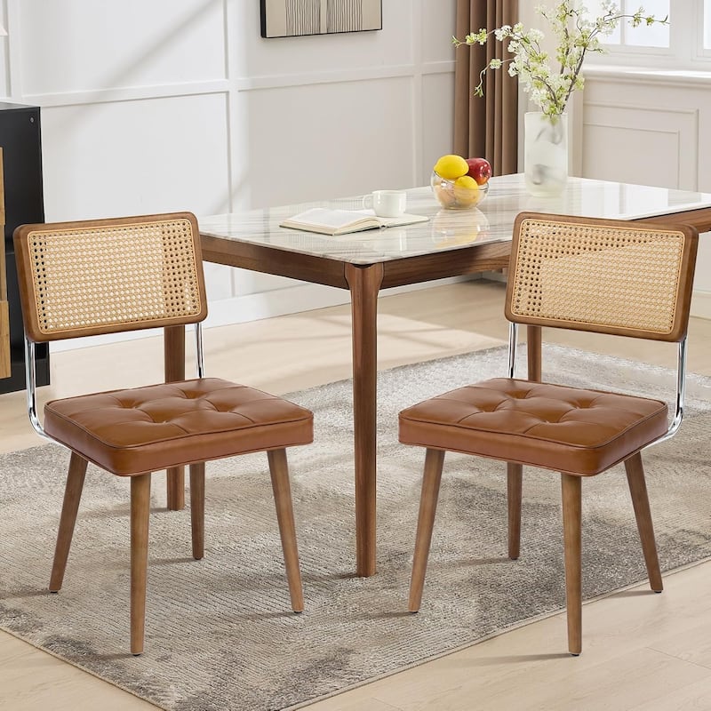 Natural Rattan Dining Chairs, Velvet Upholstered Kitchen Chairs with Tall Cane Backrest - Brown - 2-SET
